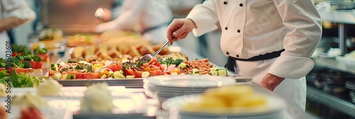 chef is arranging platter of food at buffet table photo