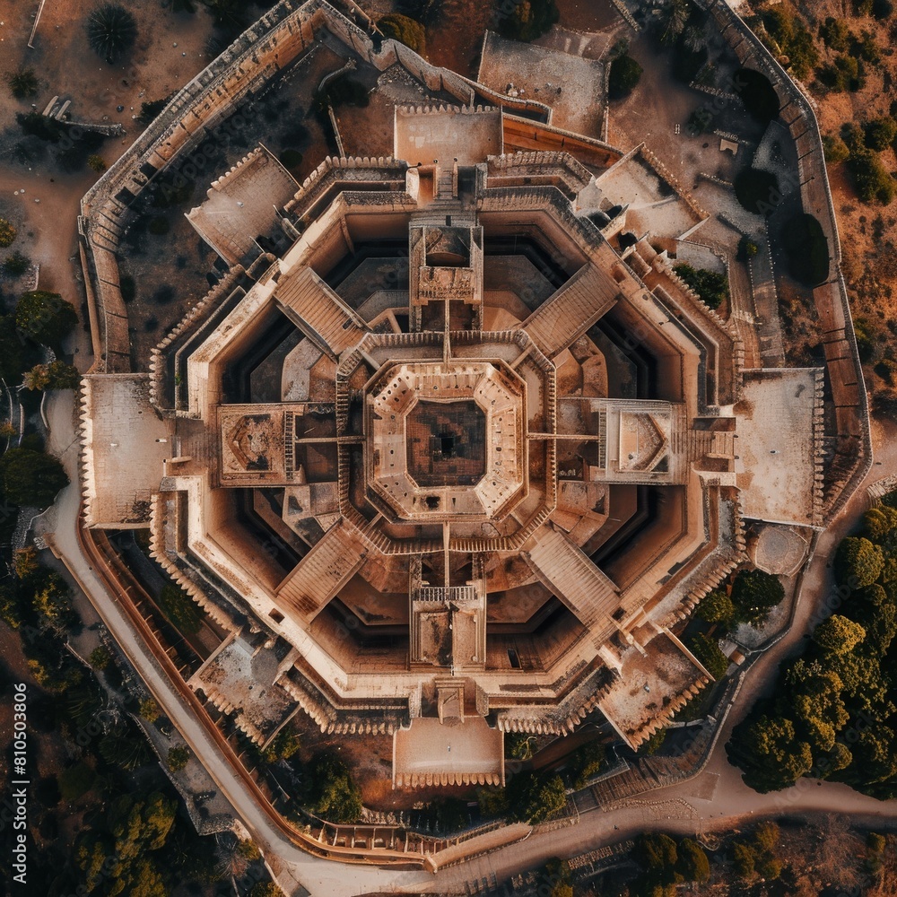 Fototapeta premium Aerial view of ancient fortress intricate geometry, stunning architecture, rich history.