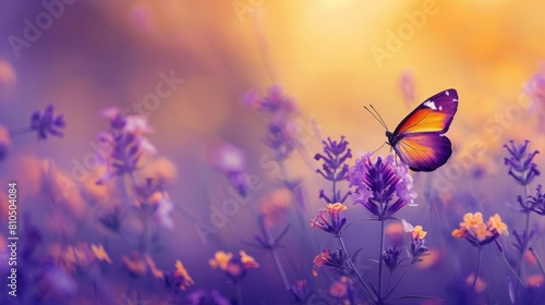 Vibrant spring garden with yellow and lilac gradient flowers, butterflies, and blue plants against an off-black background.