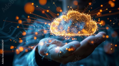 A businessman connecting data to cloud ERP for HR management. Vibrant colors of tiger orange, corn yellow, sand, and cyan blue.
