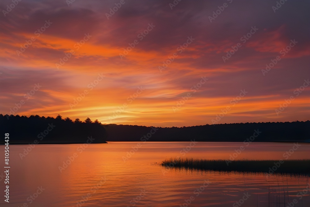  A serene sunset over a tranquil lake, reflecting vibrant hues of orange and pink.