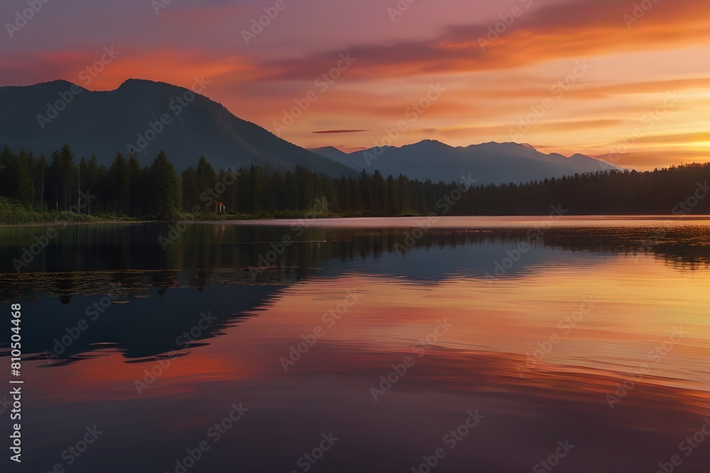  A serene sunset over a tranquil lake, reflecting vibrant hues of orange and pink.