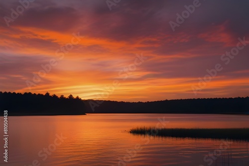  A serene sunset over a tranquil lake  reflecting vibrant hues of orange and pink.
