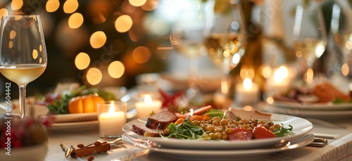 a table with plates of food and candles on it with a glass of wine in the background and a lit christmas tree