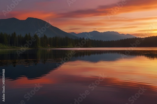  A serene sunset over a tranquil lake  reflecting vibrant hues of orange and pink.