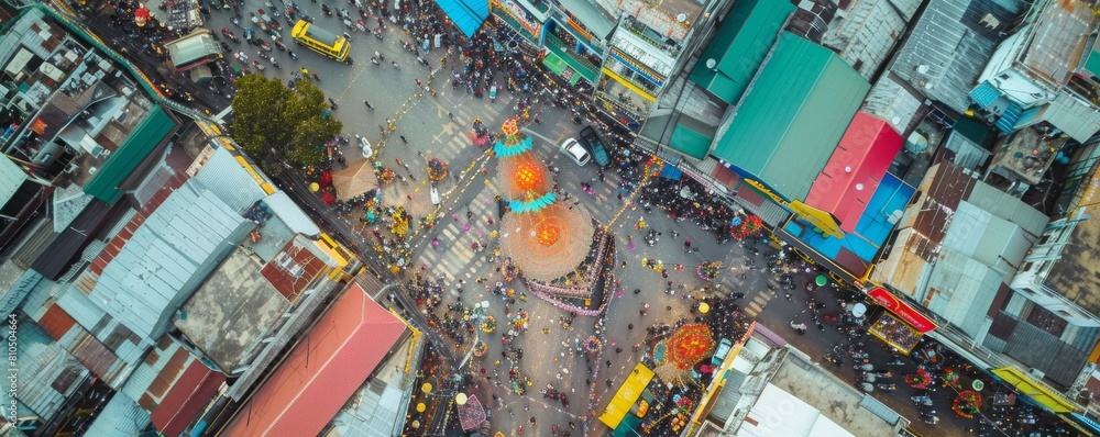 Vibrant cityscape during festival, bustling streets below adorned with colorful decorations, captured from above.