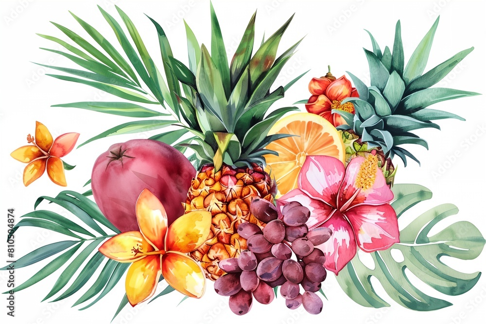 Obraz premium watercolor painting of tropical fruits and flowers on a white background