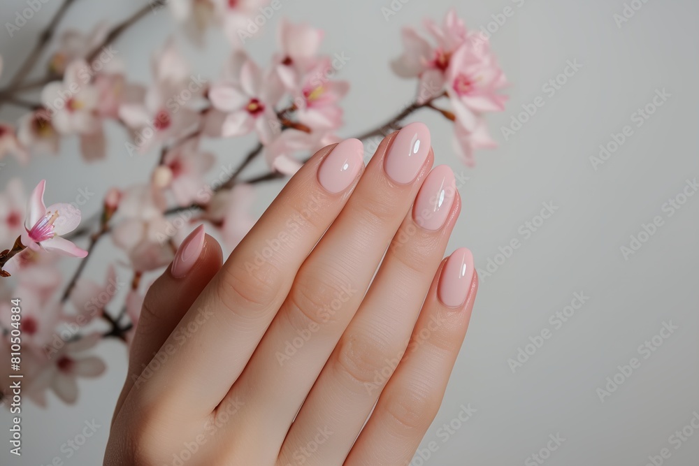 Fototapeta premium woman's hand with a pink manicure and a branch of pink flowers in the background
