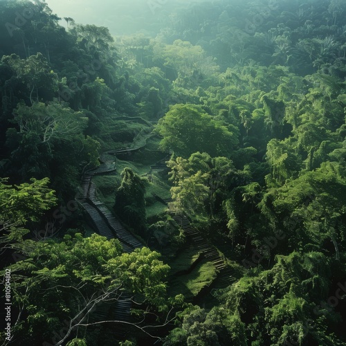 Mysterious jungle canopy hides ancient ruins  mysterious and alluring  seen from above.