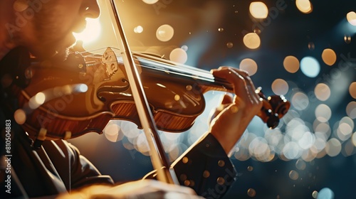 An adult man plays the violin in a symphony orchestra on a blurred background. copy space for text. copy space for text.