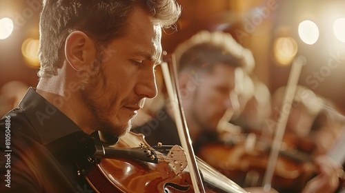 An adult man plays the violin in a symphony orchestra on a blurred background. copy space for text. copy space for text.