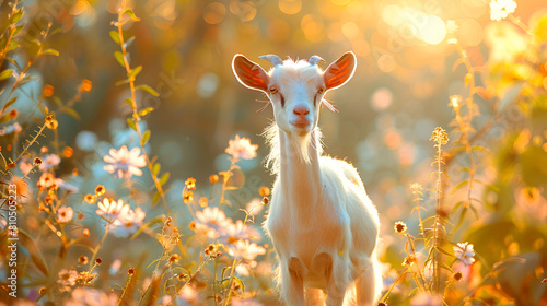 a goat stand in the flowers and plants and lookin so amazing with sunlight background photo