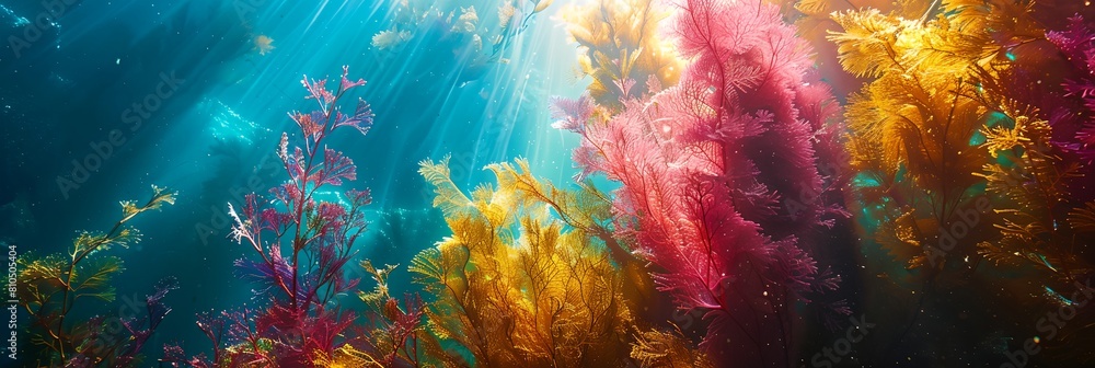 group of seaweeds in the water with sunlight shining through