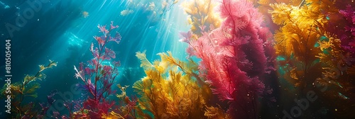 group of seaweeds in the water with sunlight shining through