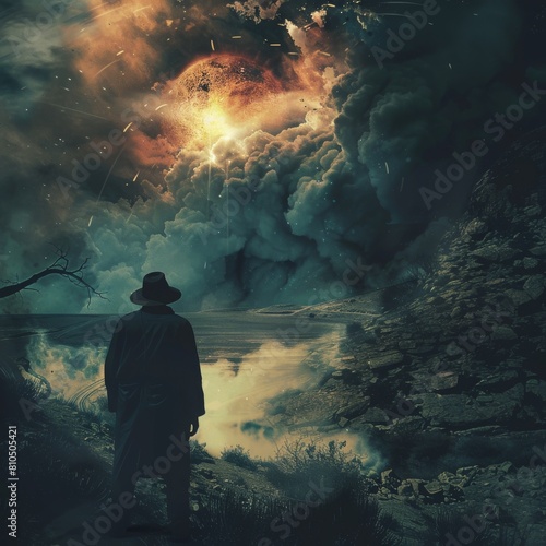 Time traveler in 1800s witnessing volcanic eruption in black and white, hyper-realistic photo with dusk lighting, grunge effects, and blurred background.