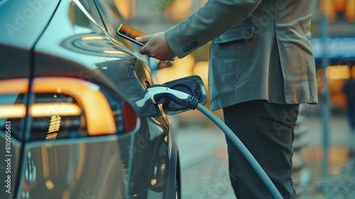 Businessman holding smartphone while charging car at electric vehicle charging station, closeup. resulting in highly. copy space for text.
