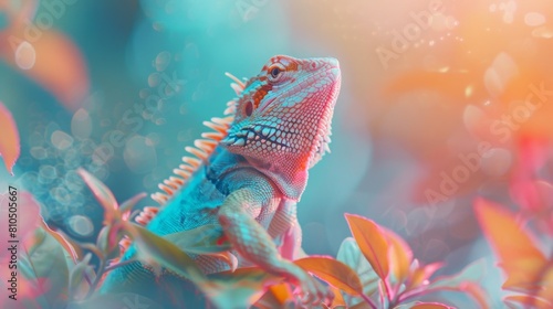 A retro lizard sips mint tea under a celestial sky illuminated in neon blue, surrounded by formal colors of mustard, powder pink, and brandy. photo