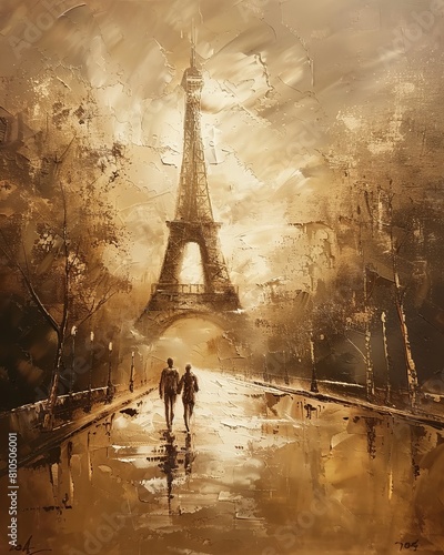 Vibrant painting of Paris Olympics ceremony at Eiffel Tower with running sports and torch, featuring Sand, umber, blush, and espresso colors. photo