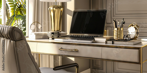Fashion Forward Focus: A stylish desk showcasing the latest trends in home office design, including a luxury laptop, sleek accessories, and a statement chair, highlighting California's fashion sense