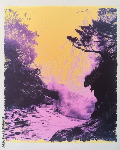 Colorful risograph print combining elements of terraforming, lgbt pride, Linguine, surfing in Canary yellow and lilac gradient with off-black accents.