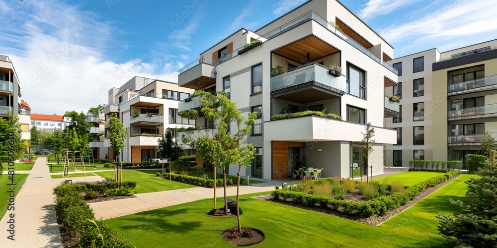 row of modern apartment buildings with a green lawn row of modern apartment buildings with a green lawn