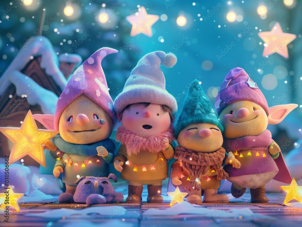 A nerdy gnome stargazing with elves in a vibrant ecosystem of space blue, violet, candy pink, and mint green. A nerdy gnome stargazing with elves in a vibrant ecosystem of space blue, violet, candy pink, and mint green.