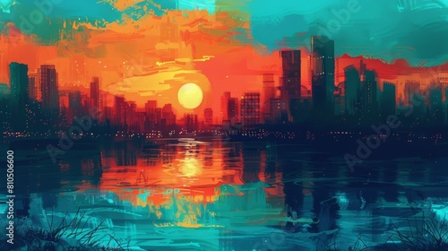 Vibrant cityscape overlooking a tranquil lake, with a retro pop soundtrack playing in the background, rendered in detailed vexel art with teal and tangerine hues. photo