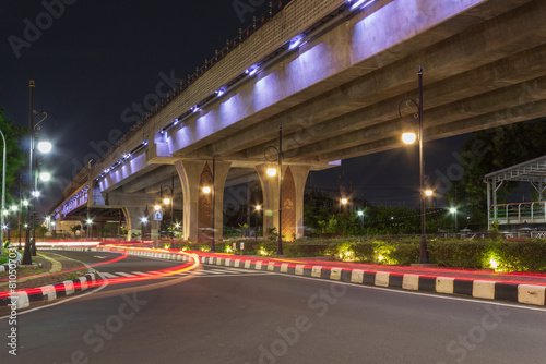 View of night traffic on Purwosari flyover with light lamps and light trails. Located on Purwosari, Surakarta  photo