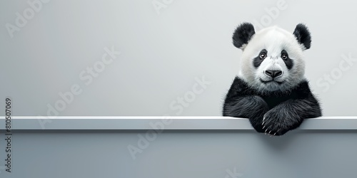 a panda bear sitting on top of a white wall with his arms crossed photo
