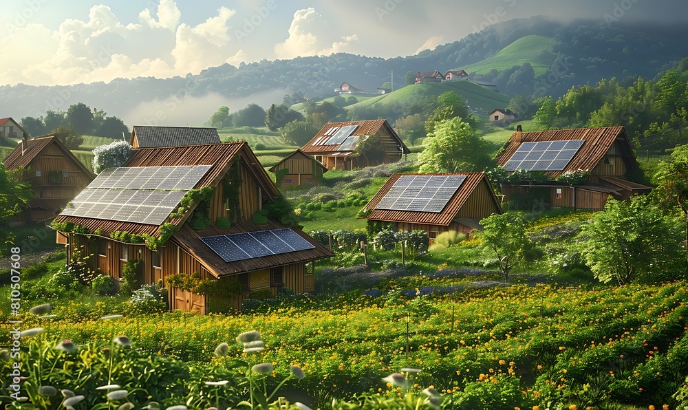 Fototapeta premium Showcase the beauty of a countryside adorned with solar panel arrays