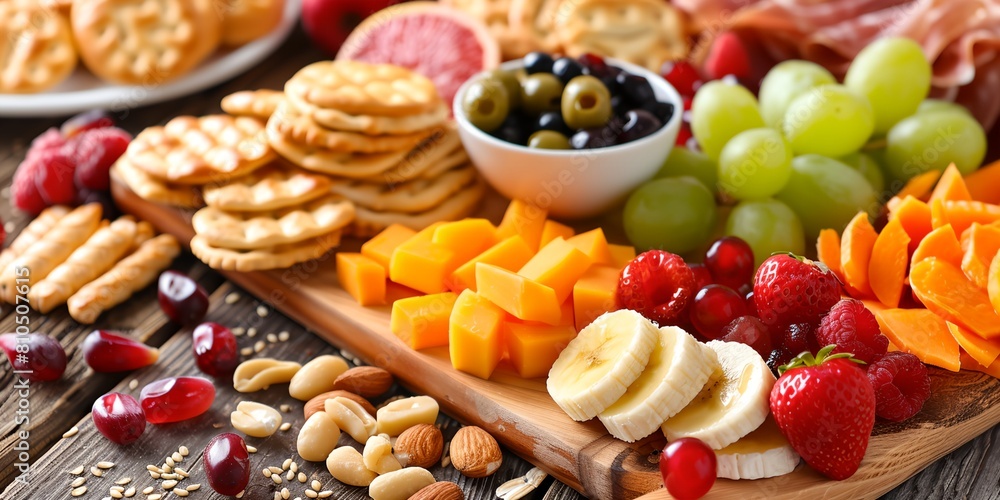 a platter of fruit, crackers, nuts, and cheeses on a wooden table with a bowl of grapes a platter of fruit, crackers, nuts, and cheeses on a wooden table with a bowl of grapes