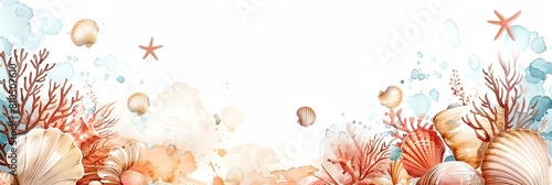 a painting of seashells and starfish on a white background with a place for text or image