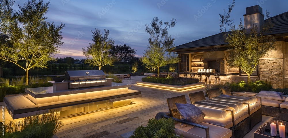 A backyard designed for evening entertainment, featuring a built-in barbecue station, elegant lighting, and comfortable seating areas. 32k, full ultra hd, high resolution
