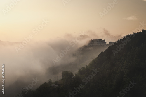 Mountains in the mist at sunset