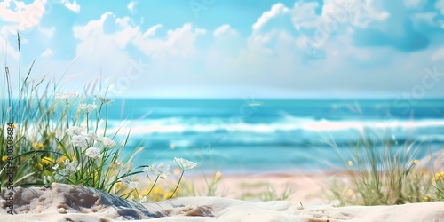 beach with grass and flowers in the sand and a blue sky with clouds in the background