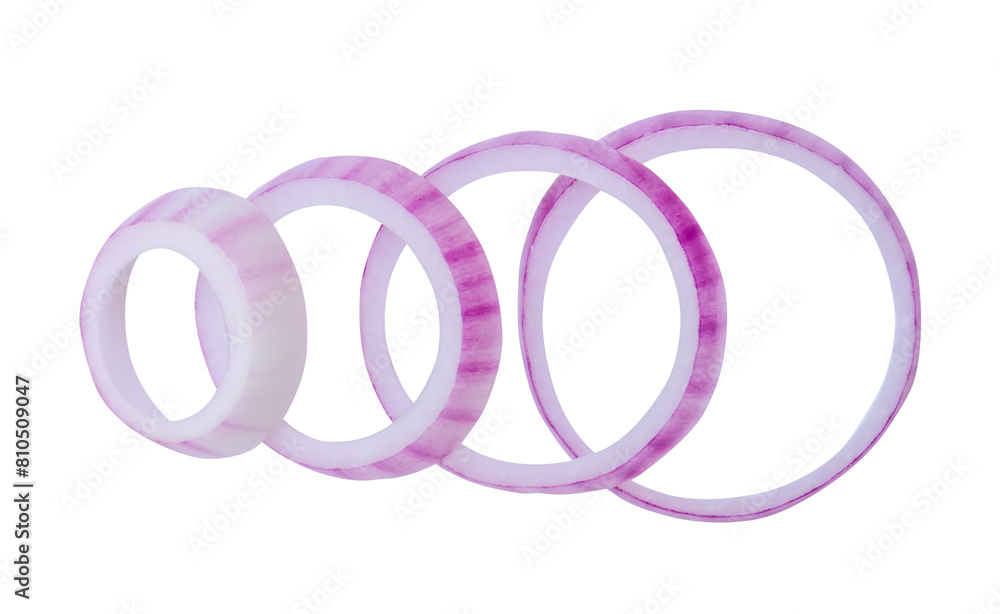 Top view of red or magenta onion slices in ring shape and stack isolated with clipping path in png file format Top view of red or magenta onion slices in ring shape and stack isolated with clipping path in png file format