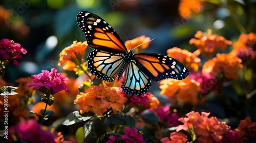 Beautiful butterfly on colorful flowers in summer meadow Nature background