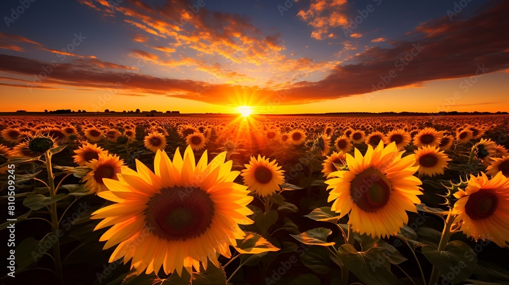 Sunflowers in a field at sunset, vibrant yellow petals glowing under the warm evening light.