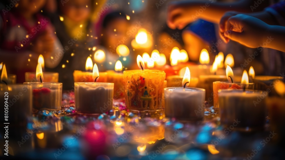 the atmosphere is warm and festive with several burning candles as the center of attention. Each candle emits a soft light that illuminates the surrounding area