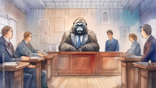 A gorilla wearing a suit stands at a podium in a courtroom, facing a jury of human professionals.  photo