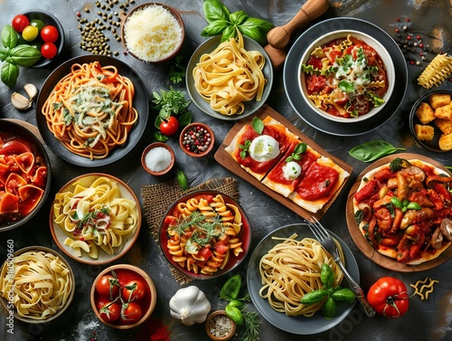 Italian pasta dishes, rustic, hearty, classic, warm, appetizing, variety of pasta with rich sauces and fresh ingredients concept, high resolution.
