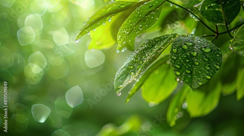 Rainy spring morning, reflective, fresh, wet, soothing, green, raindrops glistening on newly sprung leaves concept, high resolution. photo