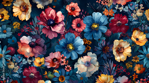 vibrant floral pattern with various shades of blue  red and yellow flowers on a dark background.