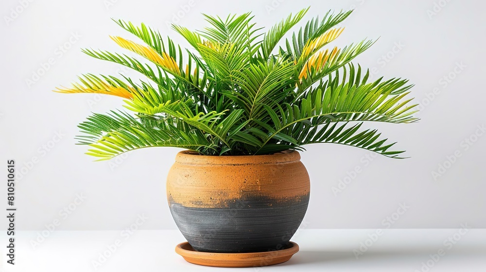 Fototapeta premium A beautiful potted Sago Palm plant with bright green leaves. The plant is placed on a white table against a white background.