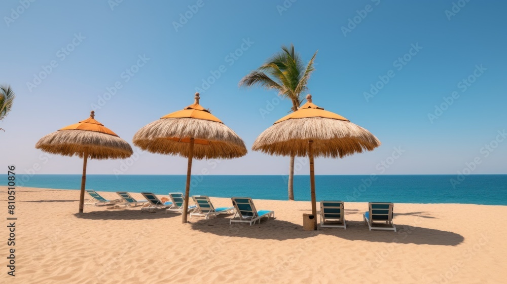 beautiful beach with bright blue skies and there are straw umbrellas located evenly on the beach sand