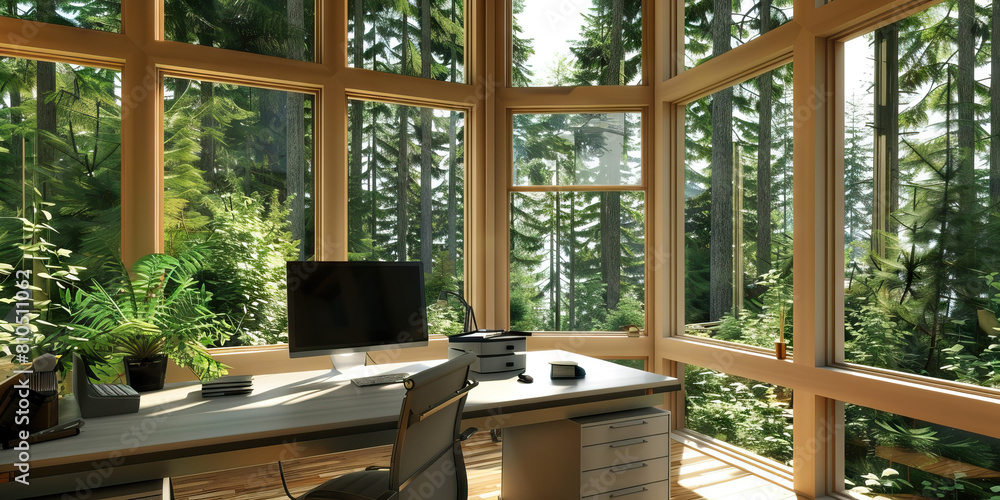 Northern Exposure Desk: A bright and spacious workstation with large windows overlooking lush evergreen forests, evoking the serene and peaceful atmosphere of the Pacific Northwest