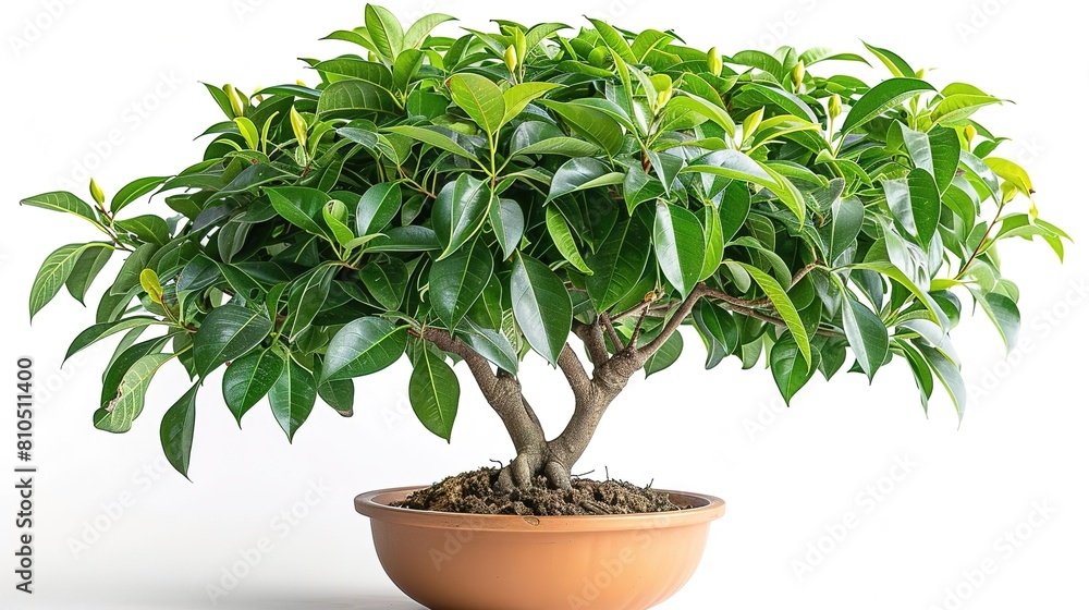 A beautiful bonsai tree in a pot, with green leaves and a twisted trunk. The tree is isolated on a white background. A beautiful bonsai tree in a pot, with green leaves and a twisted trunk. The tree is isolated on a white background.