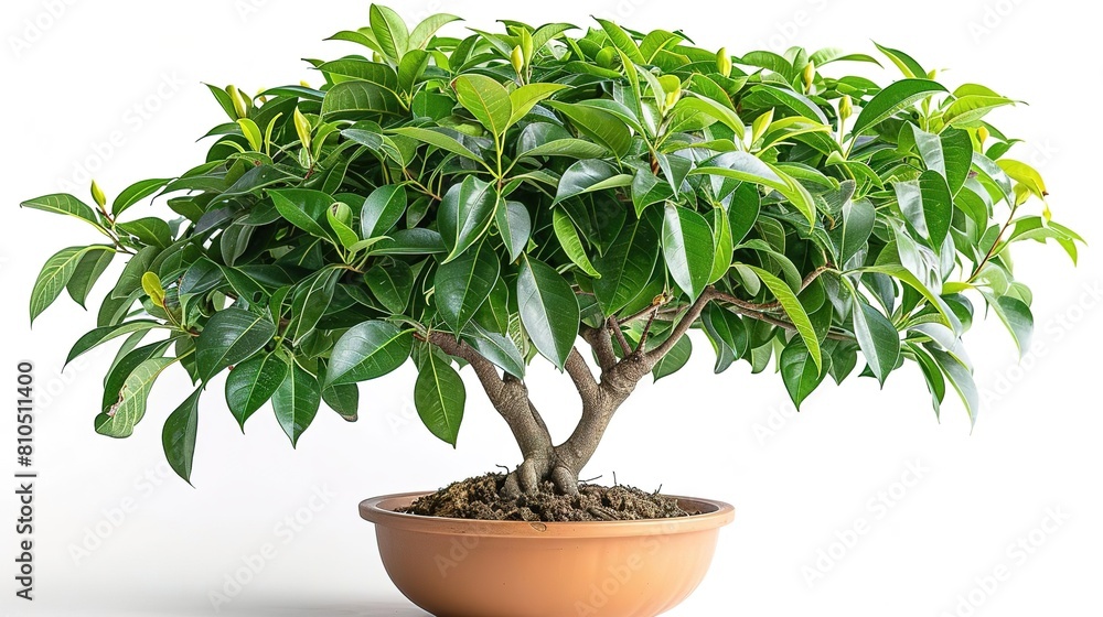 A beautiful bonsai tree in a pot, with green leaves and a twisted trunk. The tree is isolated on a white background.