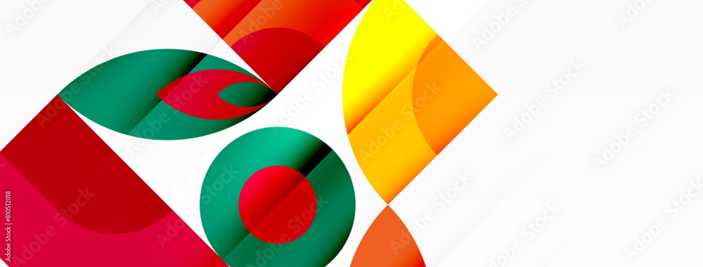 Colorfulness and creativity shine in this geometric pattern of red, green, and yellow shapes on a white background. The symmetry of triangles, rectangles, and circles creates a captivating art piece Colorfulness and creativity shine in this geometric pattern of red, green, and yellow shapes on a white background. The symmetry of triangles, rectangles, and circles creates a captivating art piece