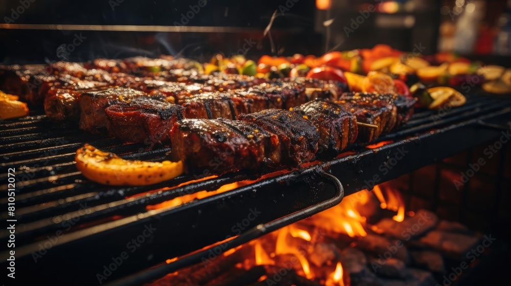 Realistic grilled barbeque with melted barbeque sauce and cut vegetables, black and blur background Realistic grilled barbeque with melted barbeque sauce and cut vegetables, black and blur background